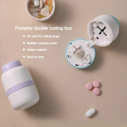 White And Purple 3-in-1 Pill Cutter Crusher & Storage Box - Portable Tablet Splitter Grinder for Precise Dosing