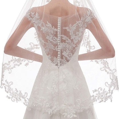 White Elegant Short Bridal Veil - Single Tier with Delicate Lace Applique Edge - Wedding Hair Accessory