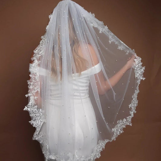 White Elegant Long Bridal Veil with Pearl Accents & Lace Edge - Includes Metal Comb