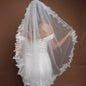 White Elegant Long Bridal Veil with Pearl Accents & Lace Edge - Includes Metal Comb