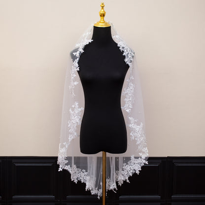 White Elegant Long Bridal Veil with Pearl Accents & Lace Edge - Includes Metal Comb