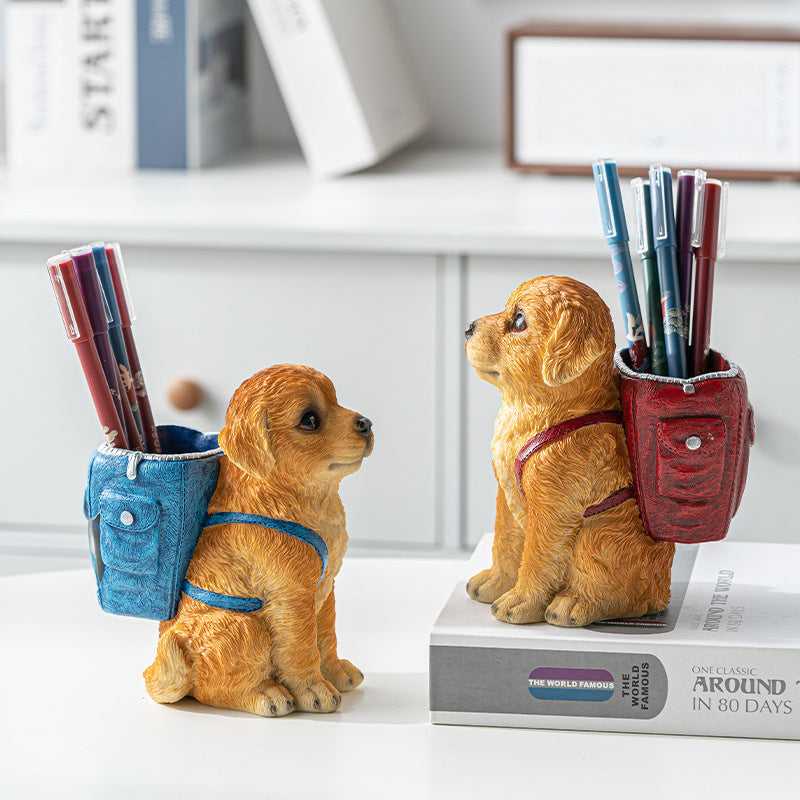 Red Backpack Charming Golden Retriever Puppy Pen Holder - Resin Desktop Organizer & Decorative Figurine