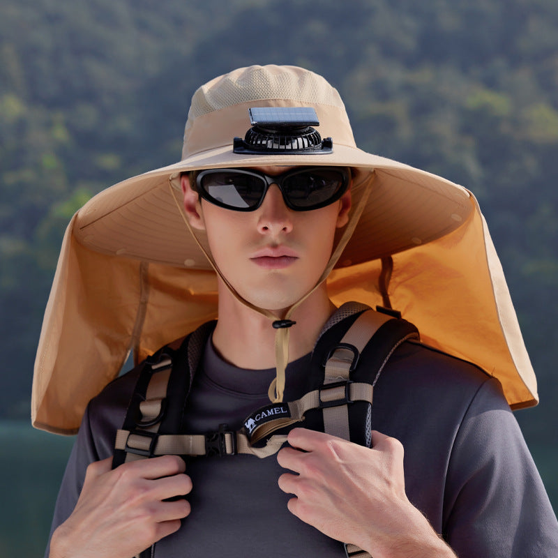 Khaki Outdoor Solar Fan Sun Hat - Large Brim Fishing Hiking Hat with Neck Cape