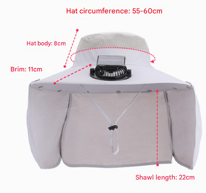 Dark Grey Outdoor Solar Fan Sun Hat - Large Brim Fishing Hiking Hat with Neck Cape