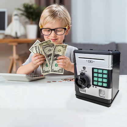 Electronic Piggy Bank Safe Box for Kids - Automatic Bill & Coin Bank with Password Protection, Music & Lights(black)