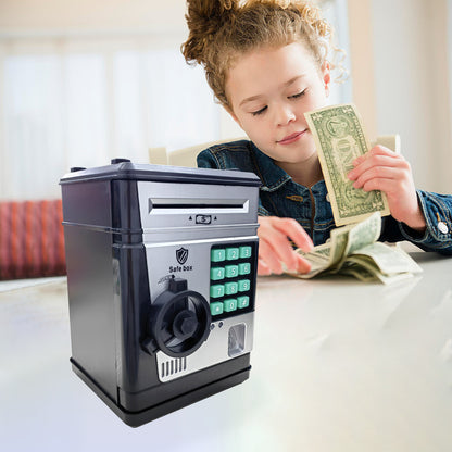 Electronic Piggy Bank Safe Box for Kids - Automatic Bill & Coin Bank with Password Protection, Music & Lights(black)