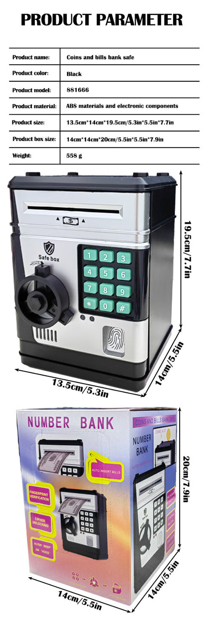 Electronic Piggy Bank Safe Box for Kids - Automatic Bill & Coin Bank with Password Protection, Music & Lights(black)