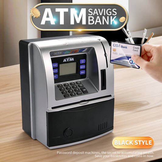 Kids Electronic ATM Savings Bank - Digital Piggy Bank with Password, Auto Roll-in Banknotes & Coin Slot for Financial Learning Fun(black)