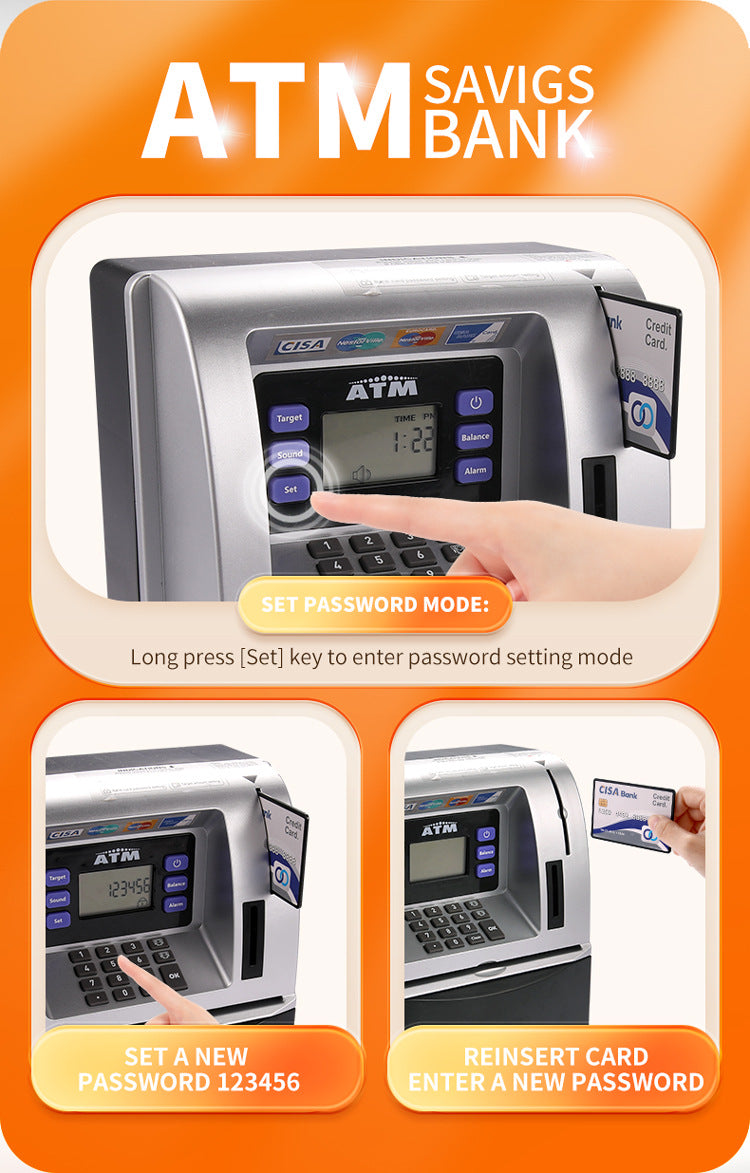 Kids Electronic ATM Savings Bank - Digital Piggy Bank with Password, Auto Roll-in Banknotes & Coin Slot for Financial Learning Fun(black)