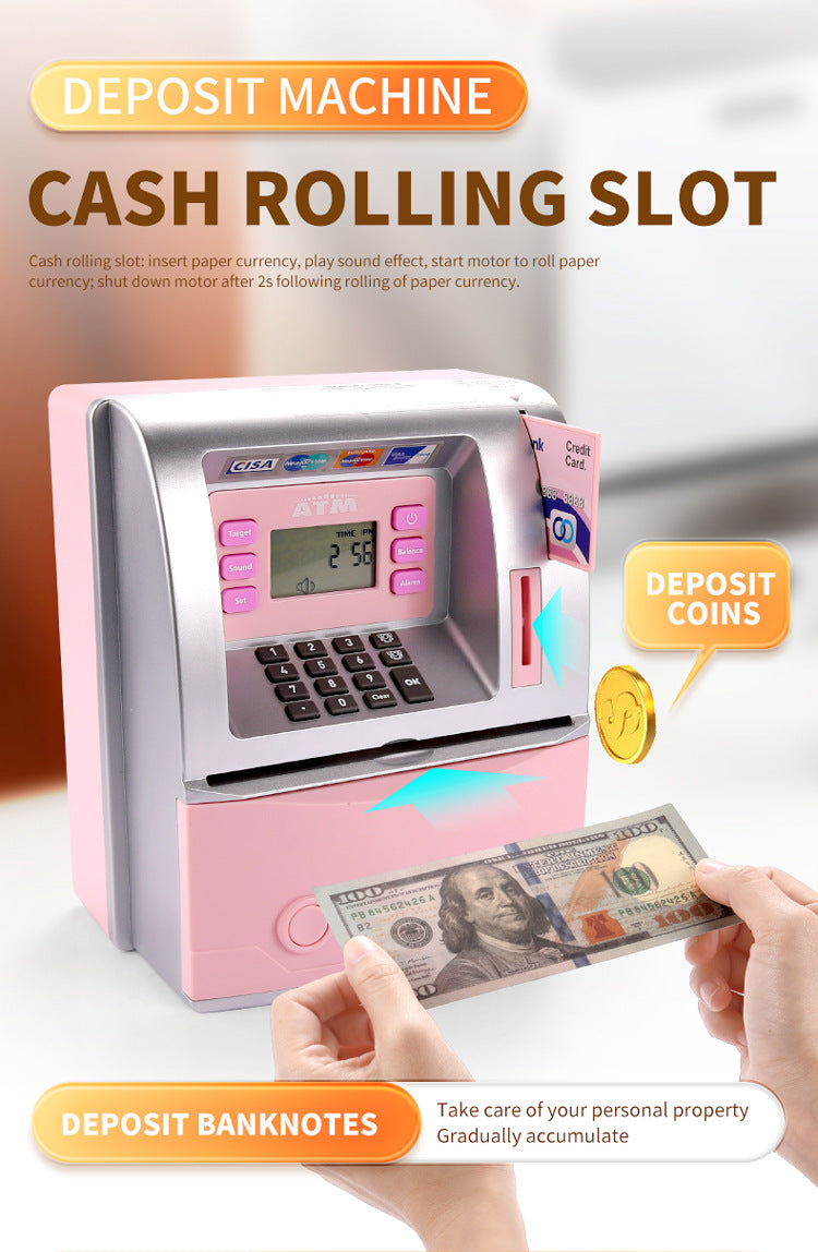 Kids Electronic ATM Savings Bank - Digital Piggy Bank with Password, Auto Roll-in Banknotes & Coin Slot for Financial Learning Fun(black)