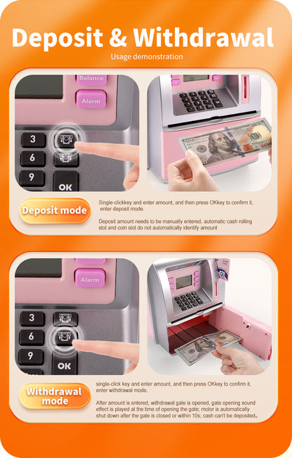 Kids Electronic ATM Savings Bank - Digital Piggy Bank with Password, Auto Roll-in Banknotes & Coin Slot for Financial Learning Fun(black)