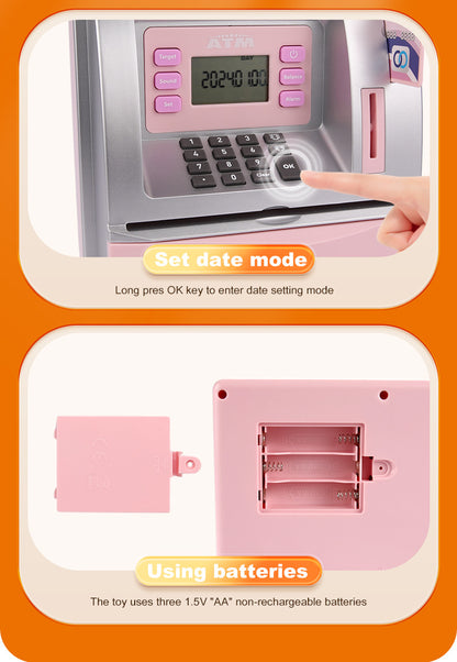 Kids Electronic ATM Savings Bank - Digital Piggy Bank with Password, Auto Roll-in Banknotes & Coin Slot for Financial Learning Fun(black)