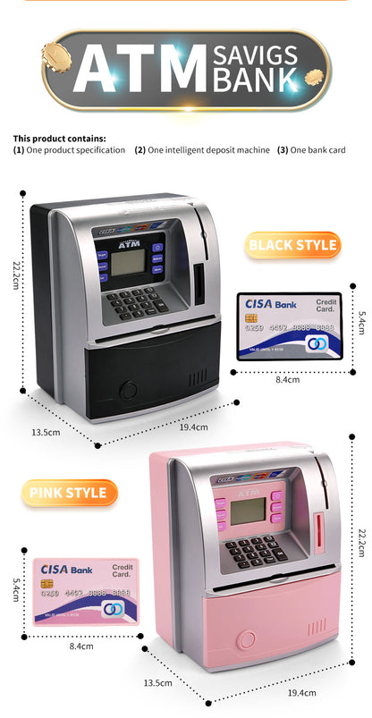 Kids Electronic ATM Savings Bank - Digital Piggy Bank with Password, Auto Roll-in Banknotes & Coin Slot for Financial Learning Fun(black)