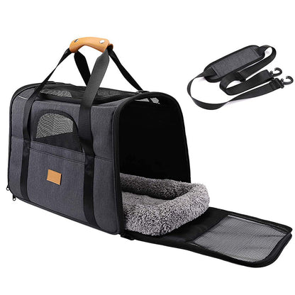 Foldable Soft-Sided Pet Carrier for Travel - Fits Cats & Small Dogs Under 6kg, with Removable Plush Bed & Shoulder Strap(grey)