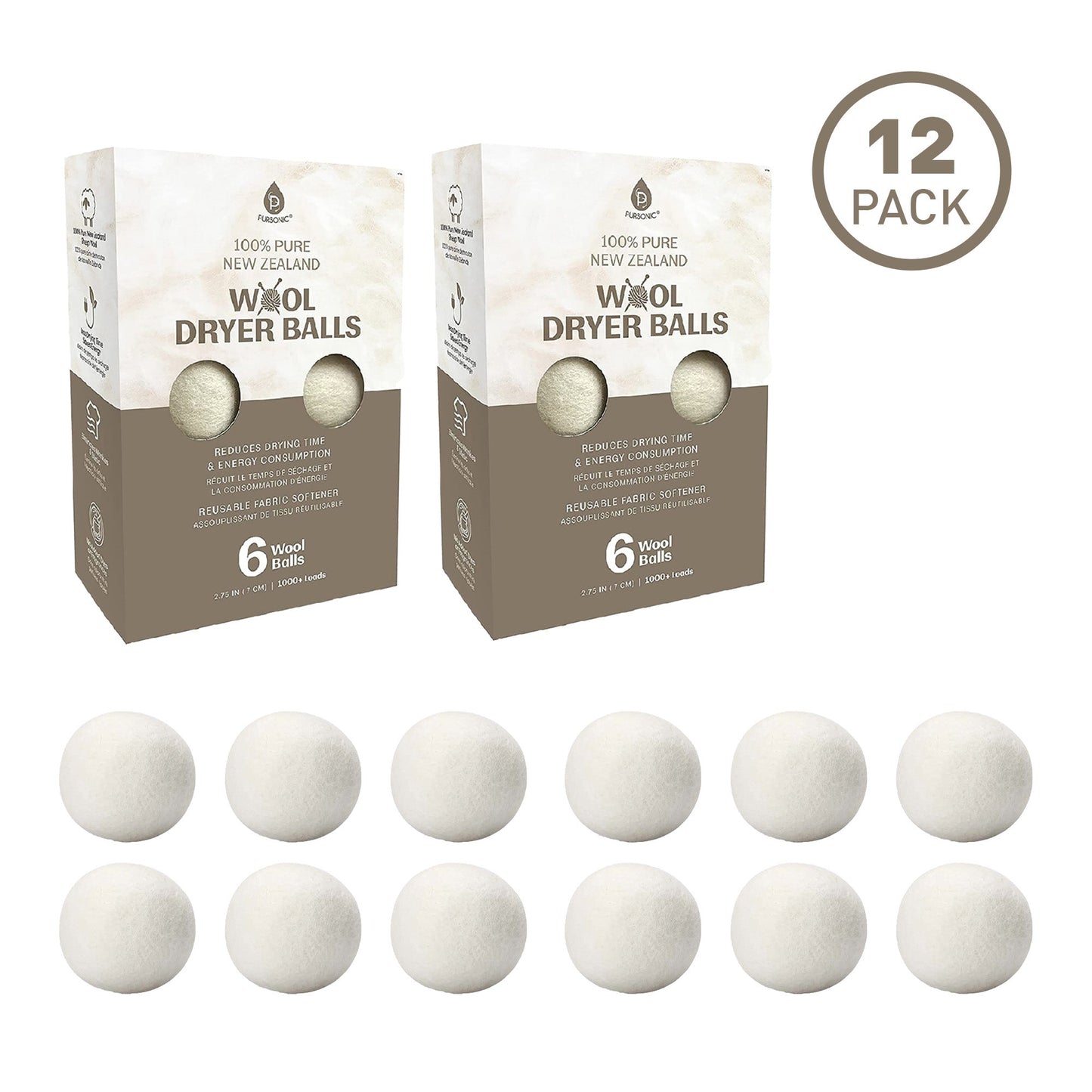 Pursonic 100% Pure New Zealand Wool Dryer Balls - 12 Pack