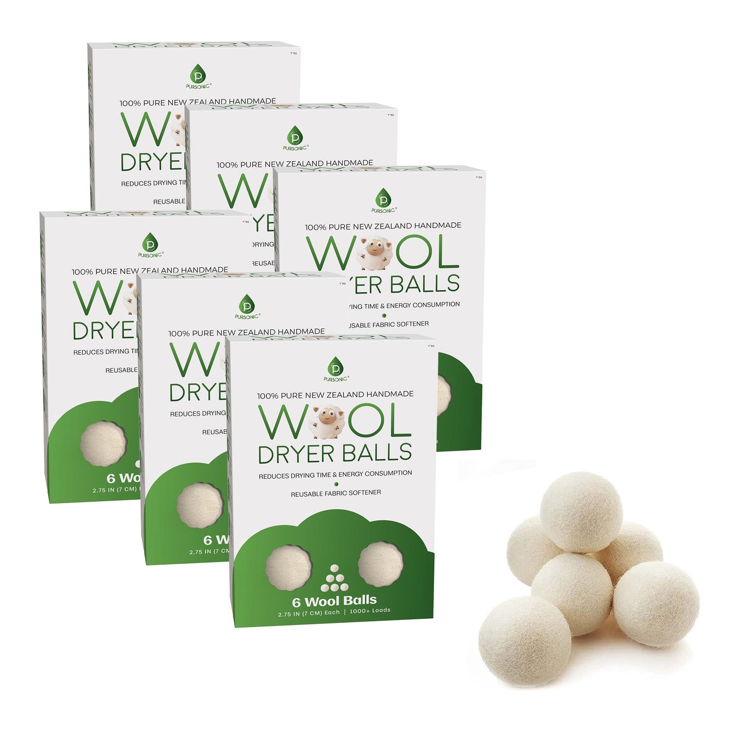Pursonic 100% Pure New Zealand Wool Dryer Balls - Family Bundle (36 Pack)